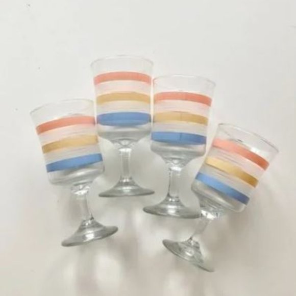 Lot of 4 Vintage Pink Blue Yellow Pastel Striped Goblets Wine Glasses - Picture 5 of 5